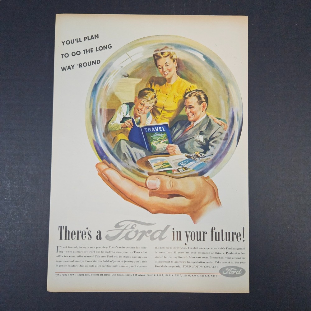 1945‎ Ford Vintage Print Ad Crystal Ball Dad Reading Magazine War Effort Family